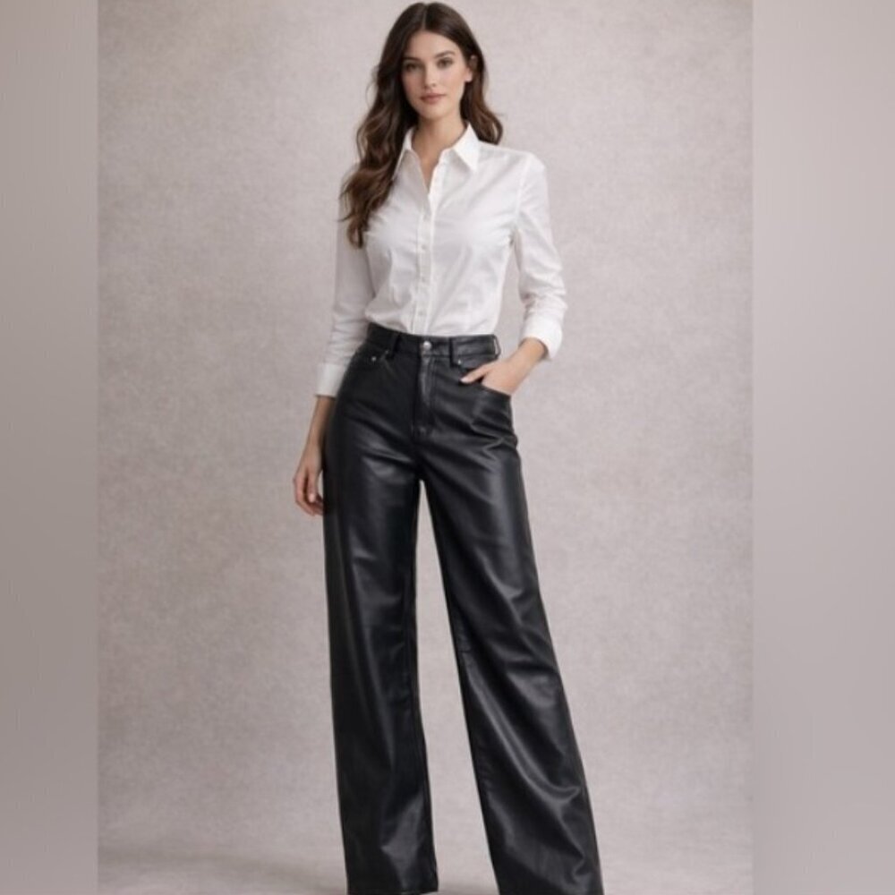 H&M - Black Vegan Leather Wide Leg Belted Pant